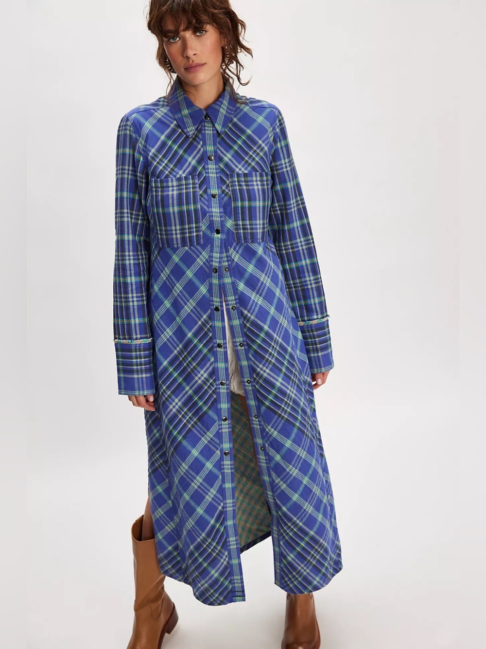 We The Free Blue and Green Plaid Shirt Dress